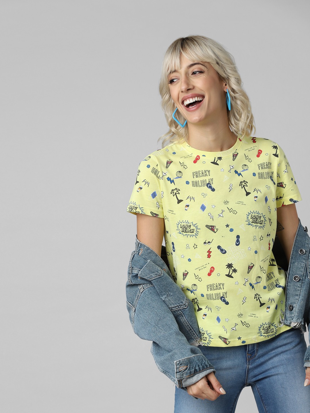 

ONLY Women Yellow Printed Round Neck Pure Cotton T-shirt