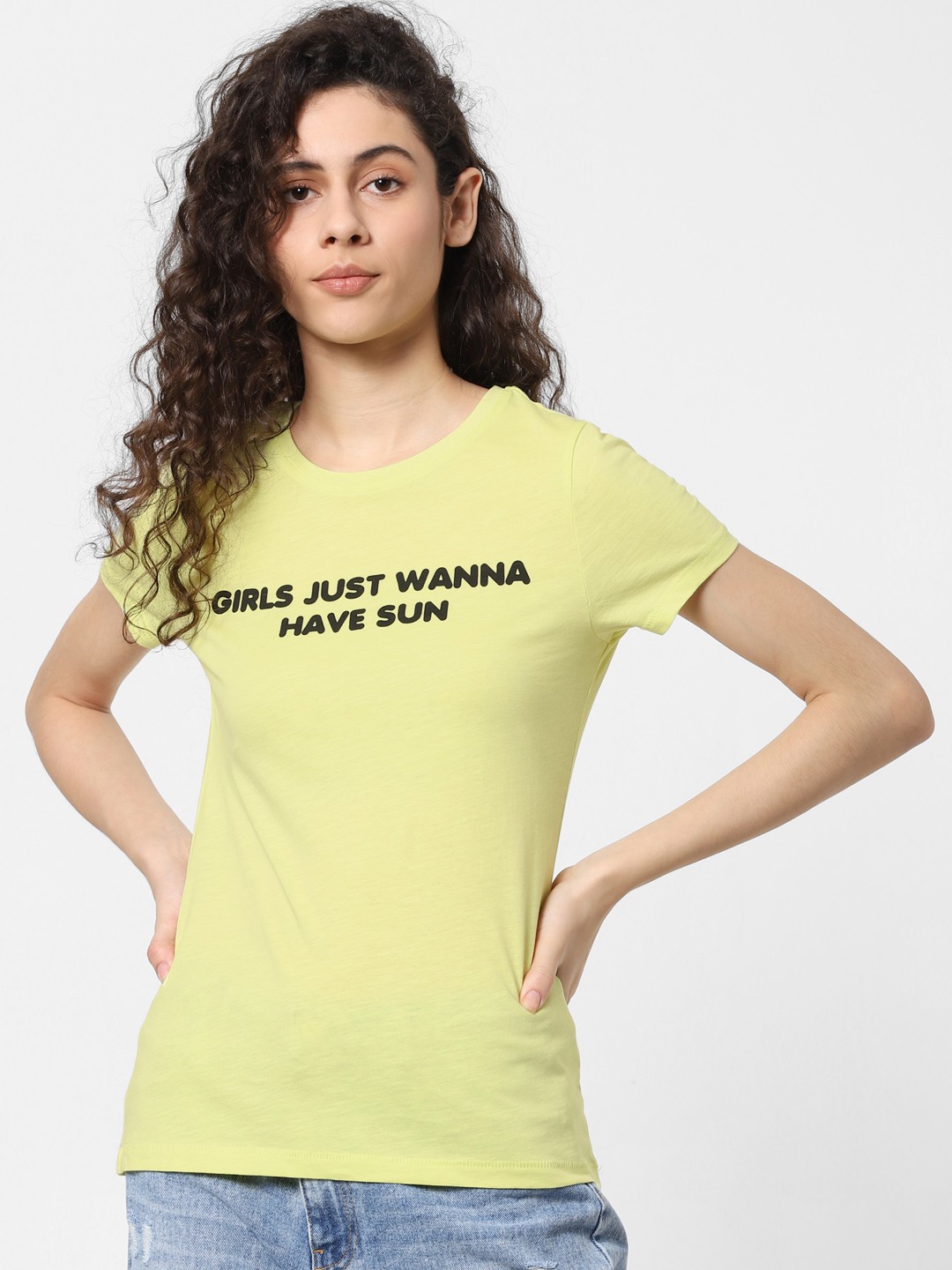 

ONLY Women Lime Green Printed Round Neck Pure Cotton T-shirt