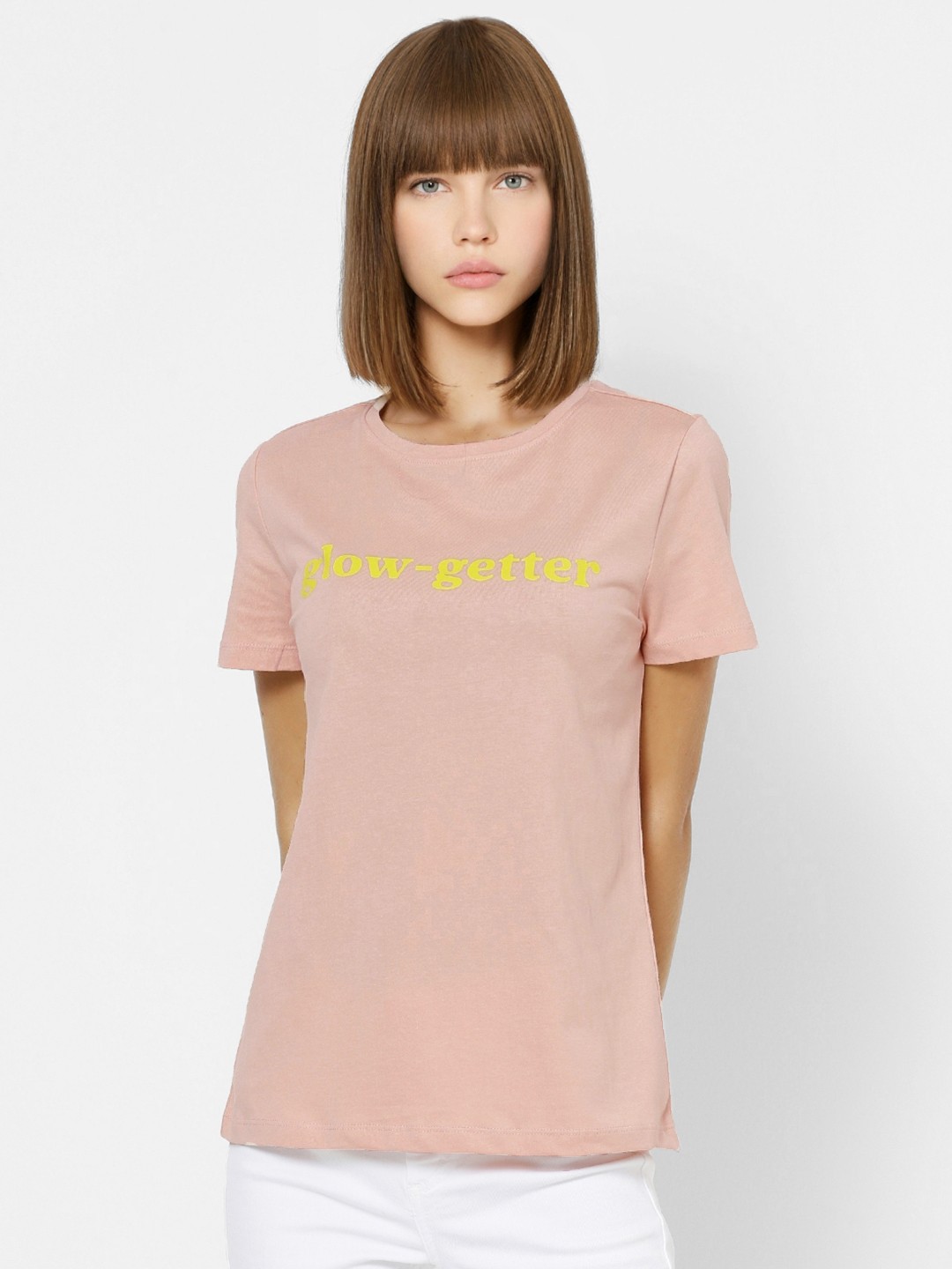 

ONLY Women Pink Printed Round Neck Pure Cotton T-shirt