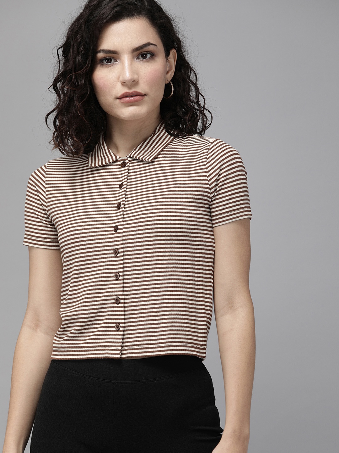 

ONLY Women Off-White & Maroon Regular Fit Striped Ribbed Casual Shirt