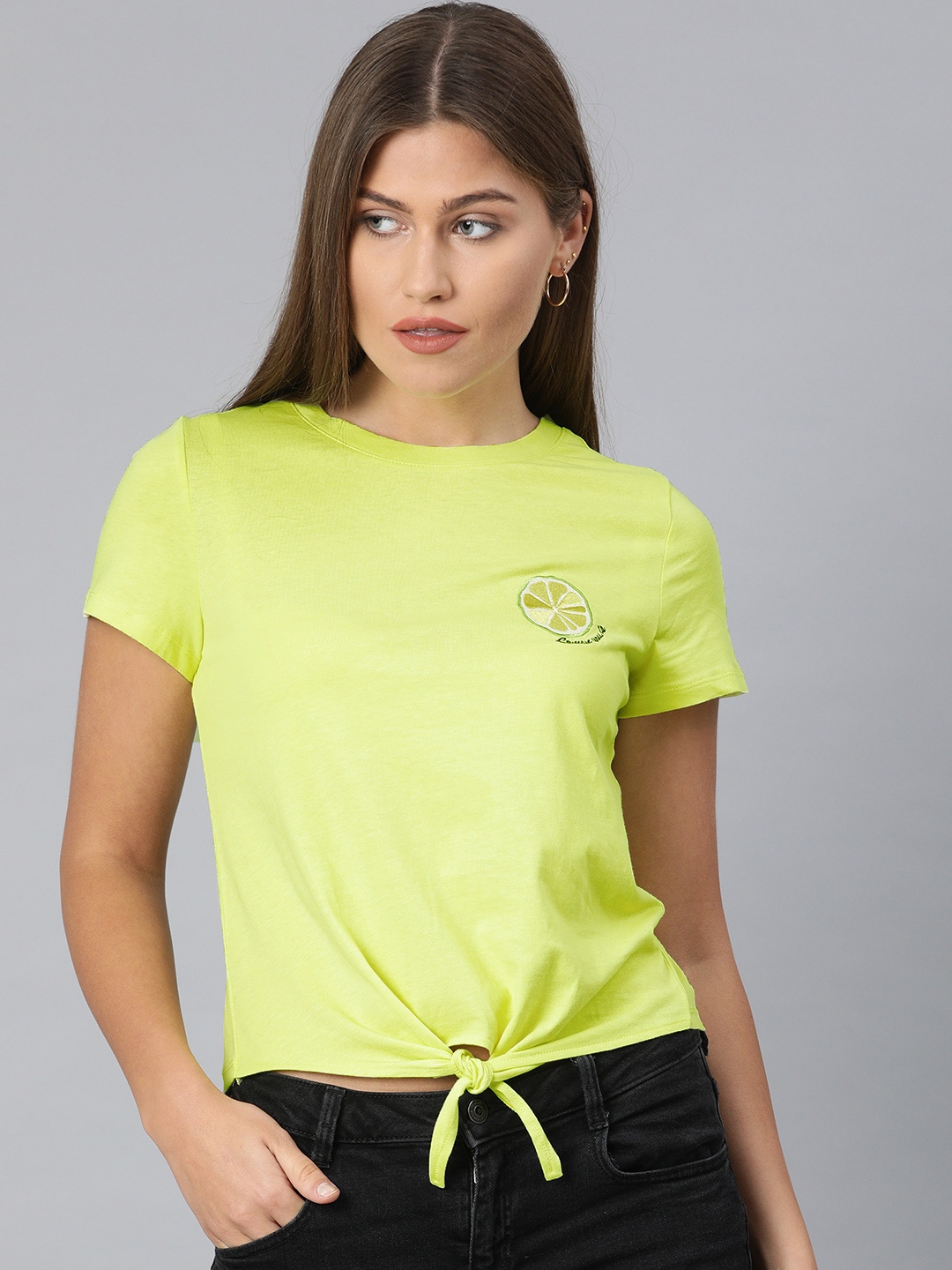 

ONLY Women Fluorescent Green Solid Round Neck Organic Cotton T-shirt