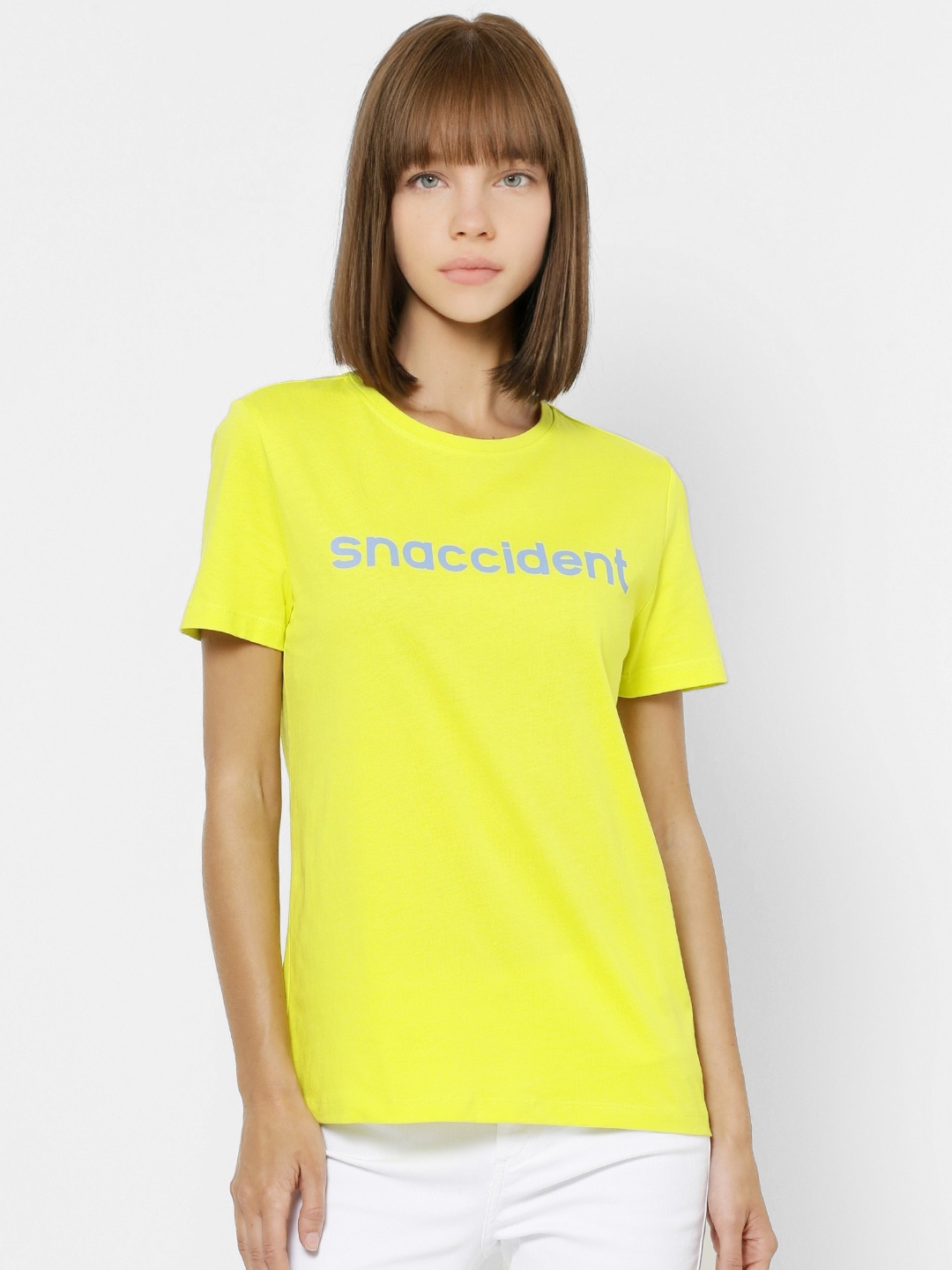 

ONLY Women Yellow Printed Round Neck Pure Cotton T-shirt
