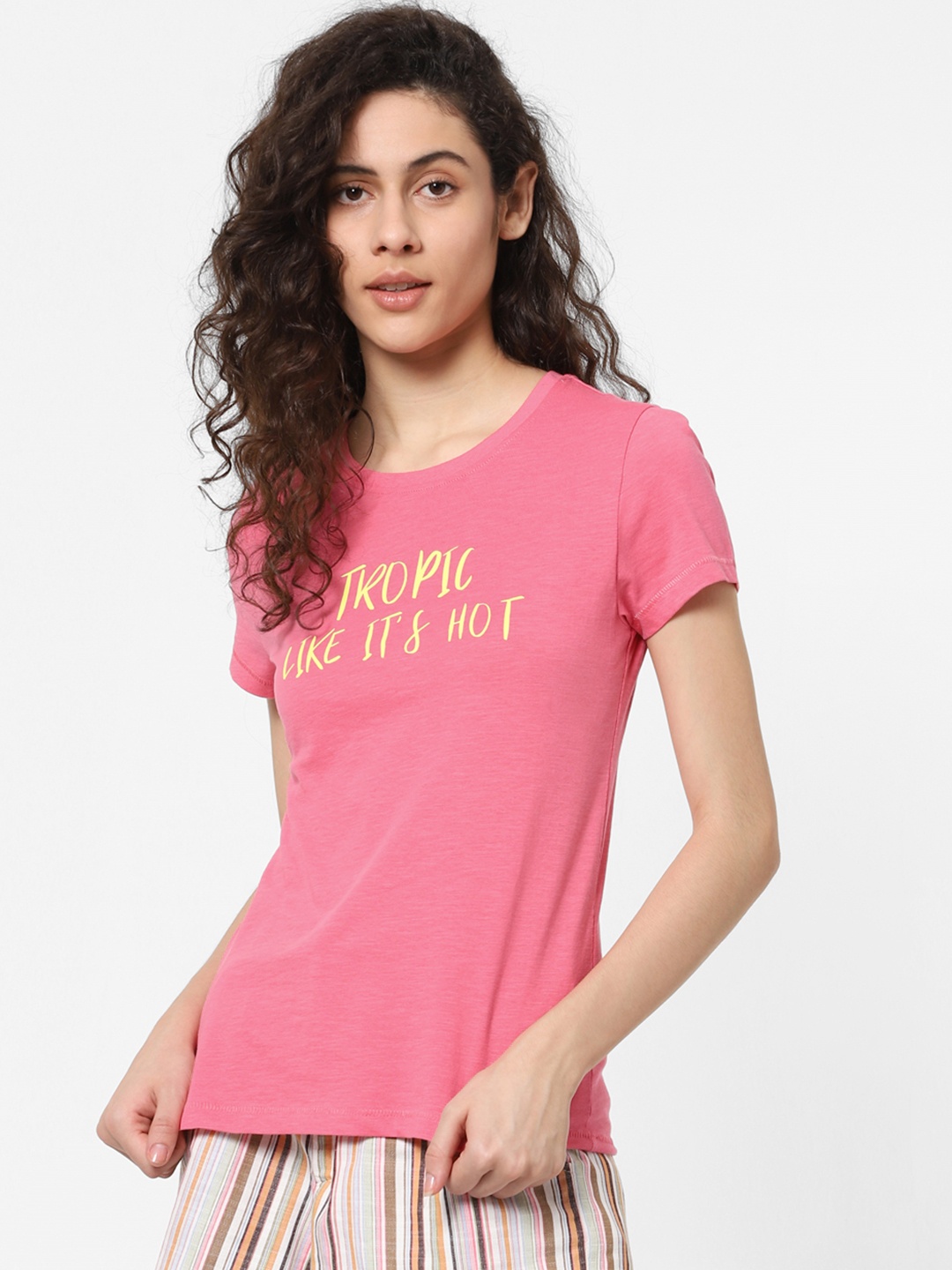 

ONLY Women Pink Printed Round Neck Organic Cotton T-shirt