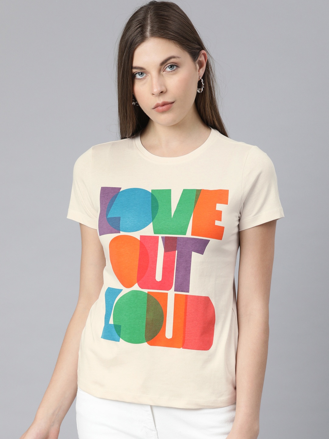 

ONLY Women Off-White Printed Round Neck Pure Cotton T-shirt