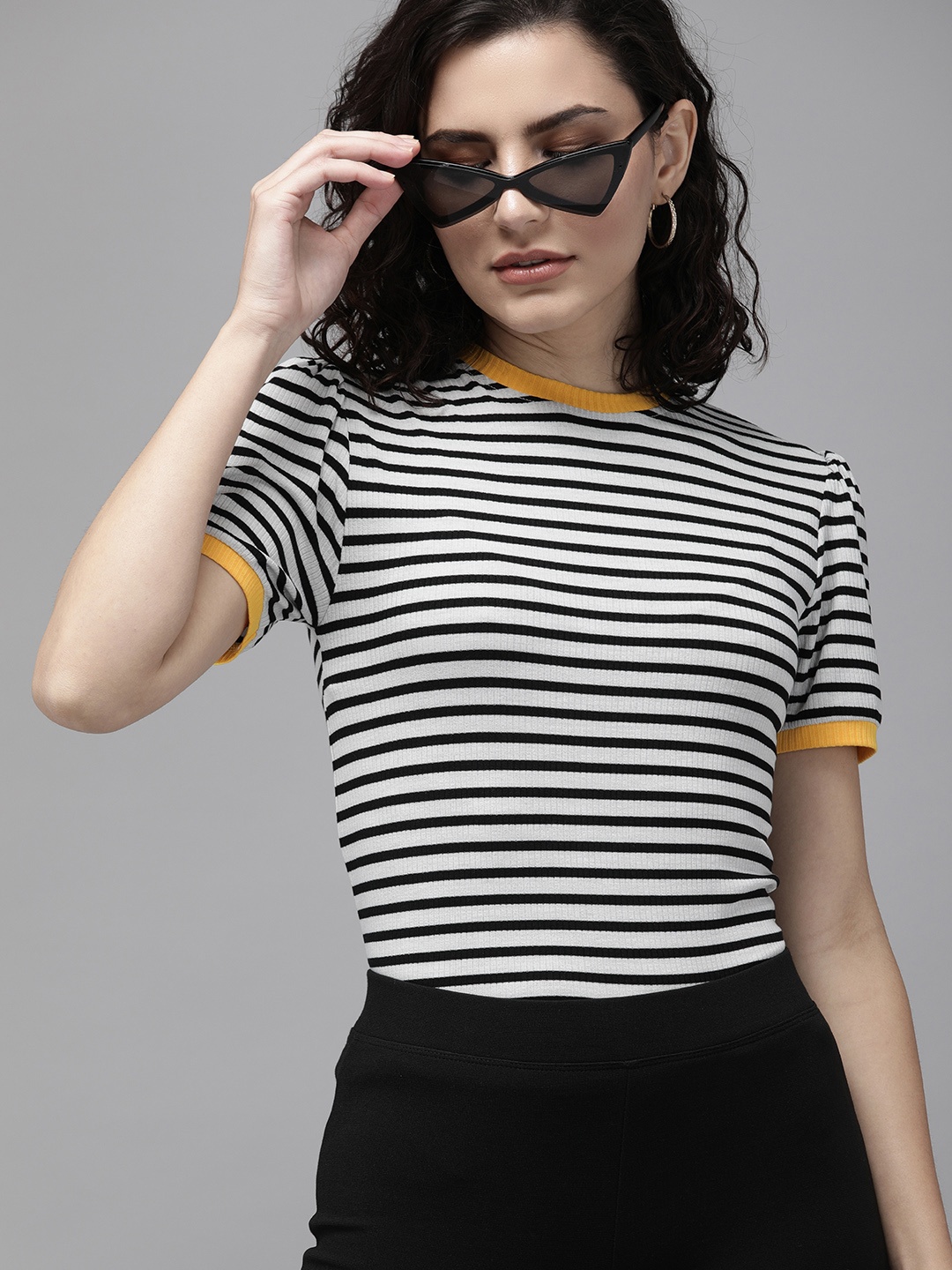 

ONLY Women Grey Striped Round Neck T-shirt