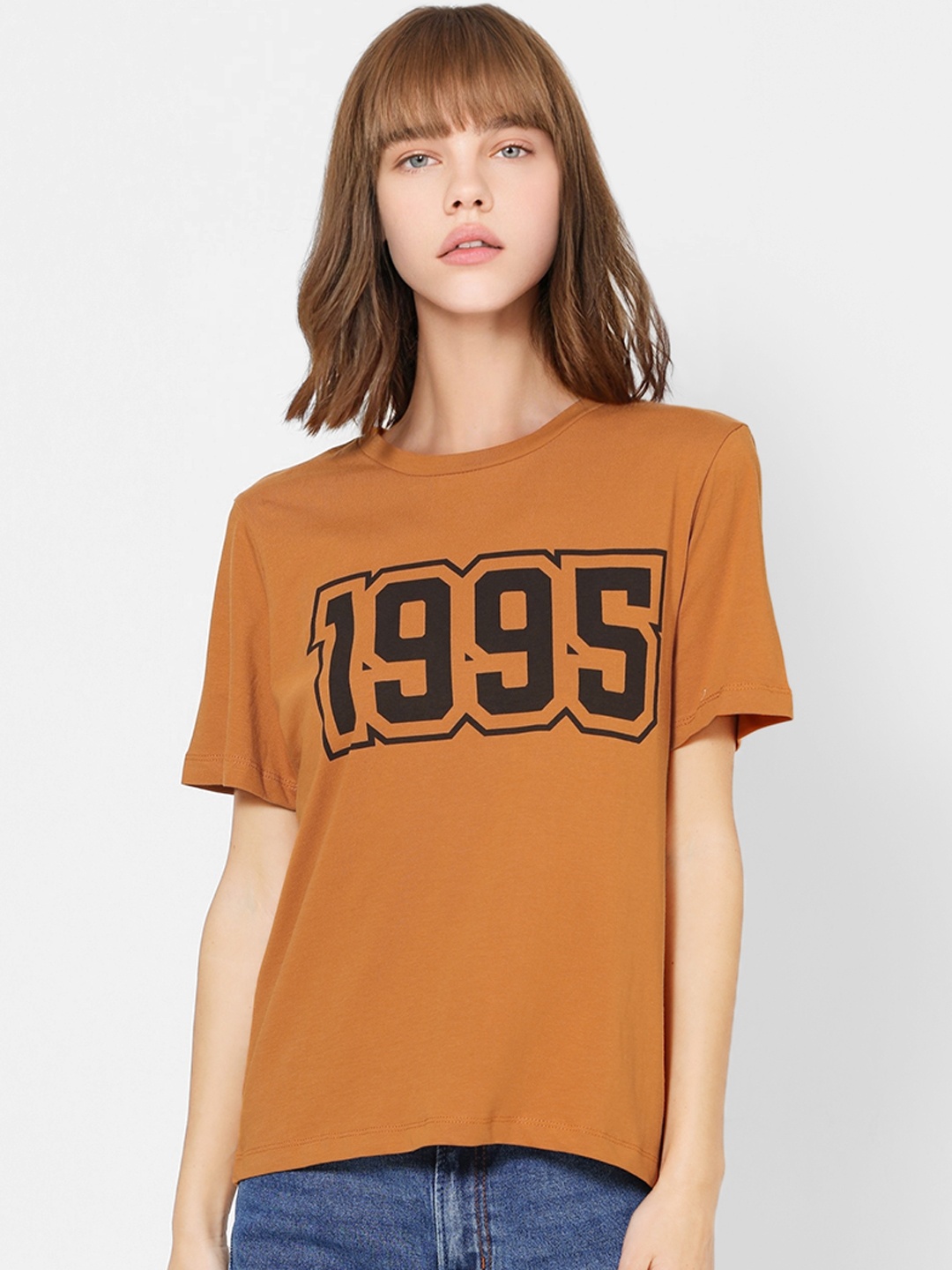 

ONLY Women Brown Printed Round Neck Pure Cotton T-shirt