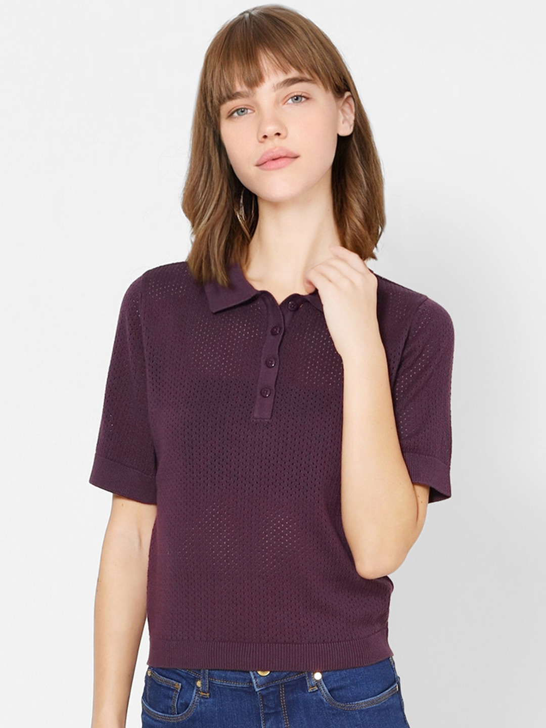 

ONLY Women Purple Self Design Polo Collar Pure Cotton T-shirt