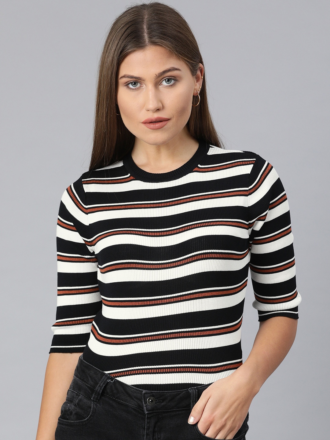 

ONLY Women Black & White Striped Ribbed Round Neck T-shirt