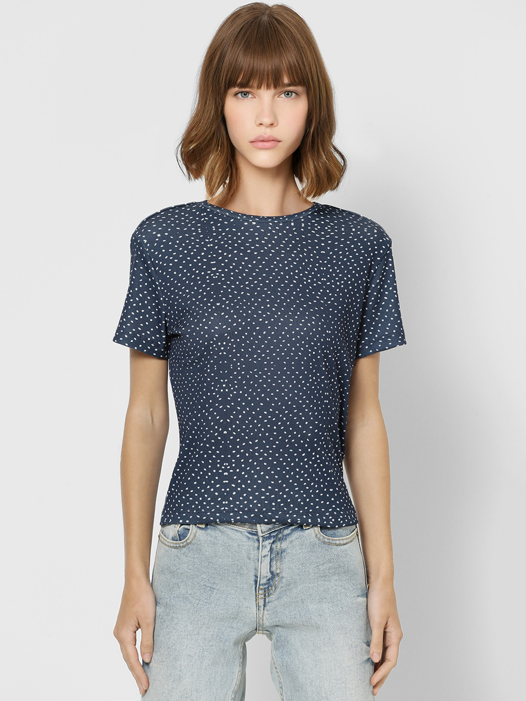 

ONLY Women Blue Printed Slim Fit Round Neck T-shirt