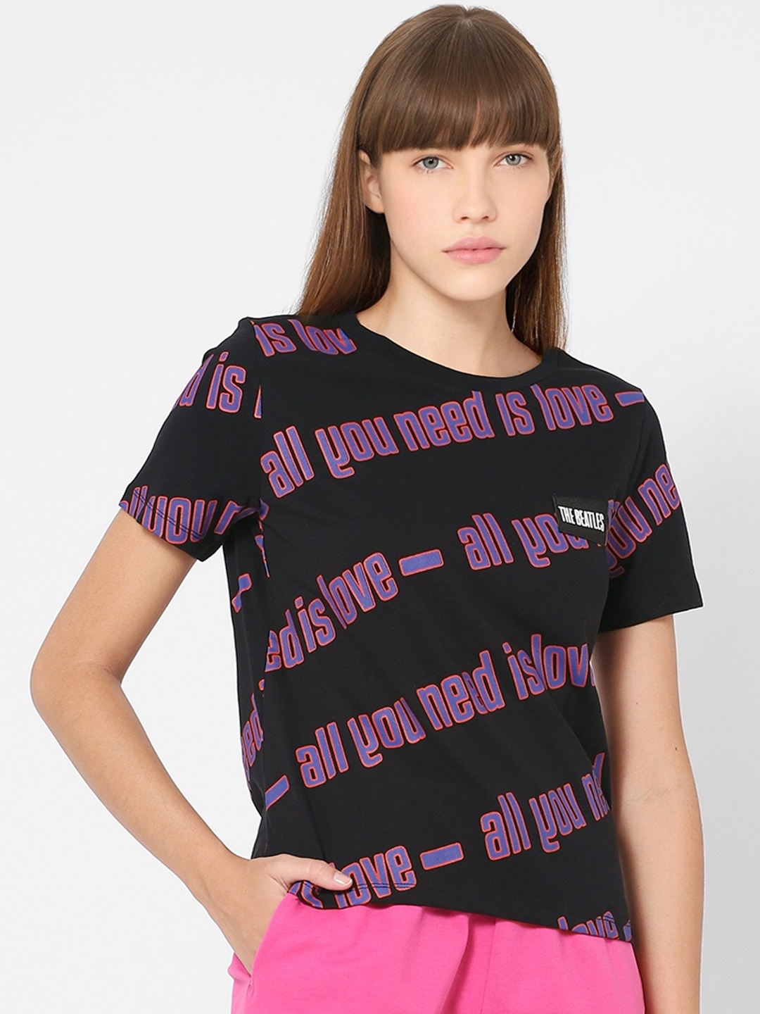 

ONLY Women Black The Beatles Printed Round Neck T-shirt