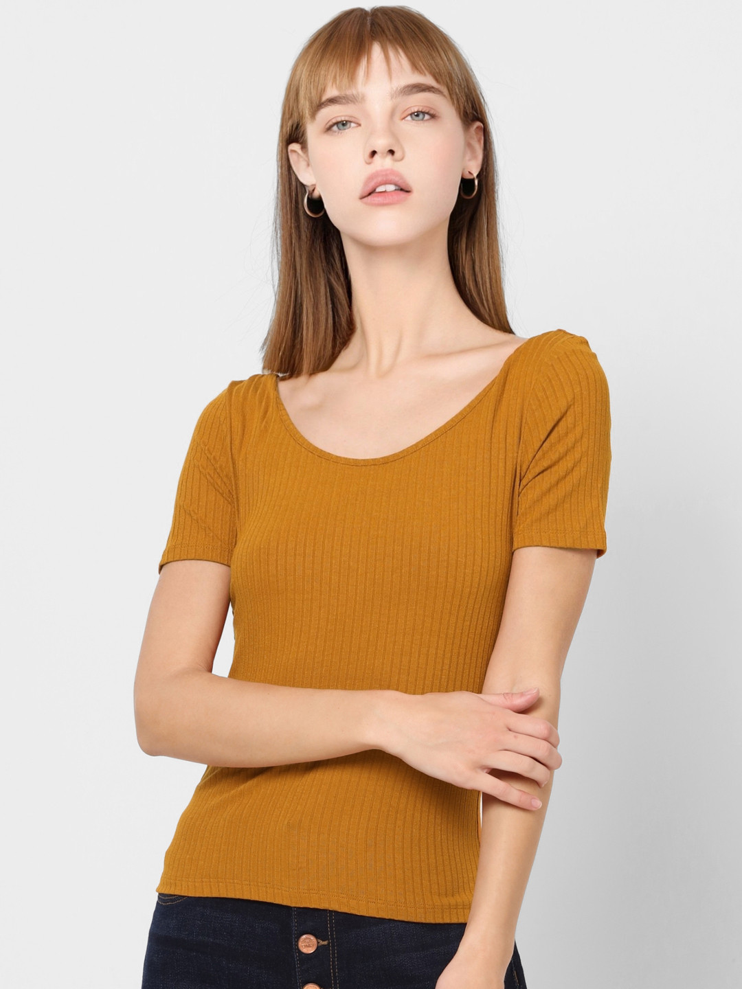 

ONLY Women Rust Orange Solid Scoop Neck T-shirt