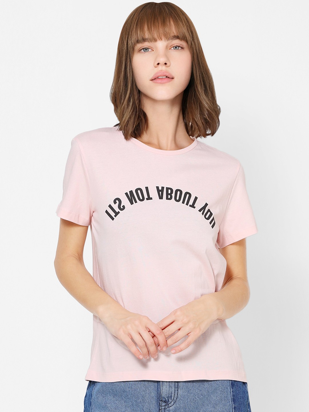 

ONLY Women Pink Printed Round Neck Pure Cotton T-shirt