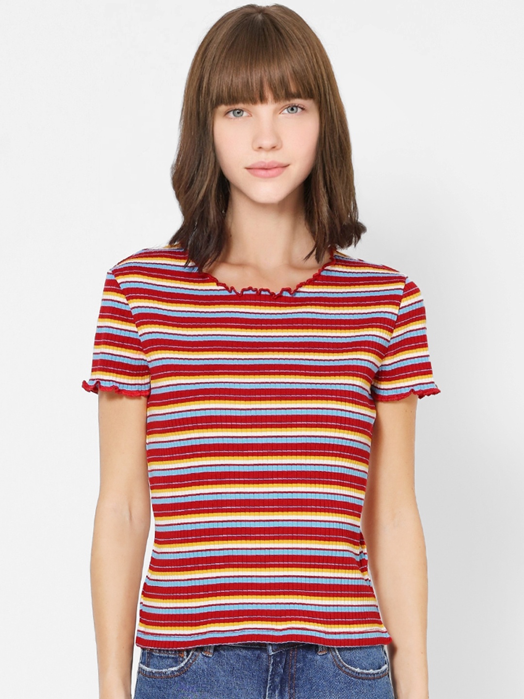 

ONLY Women Maroon Striped Round Neck T-shirt