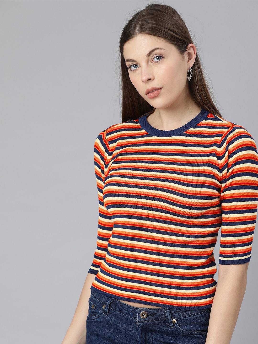 

ONLY Women Orange & Cream-Coloured Striped Ribbed Round Neck T-shirt