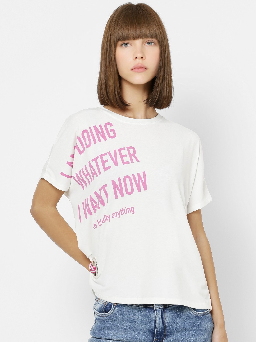 

ONLY Women White Printed Round Neck T-shirt