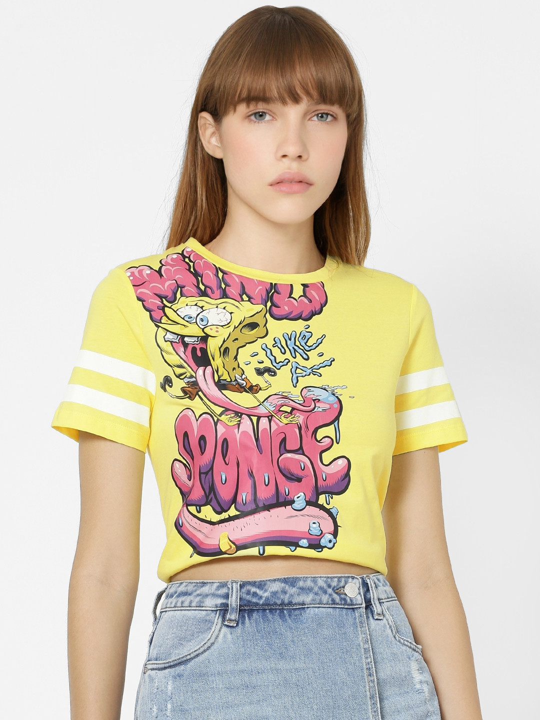 

ONLY Women Yellow Spongebob Printed Round Neck Pure Cotton T-shirt