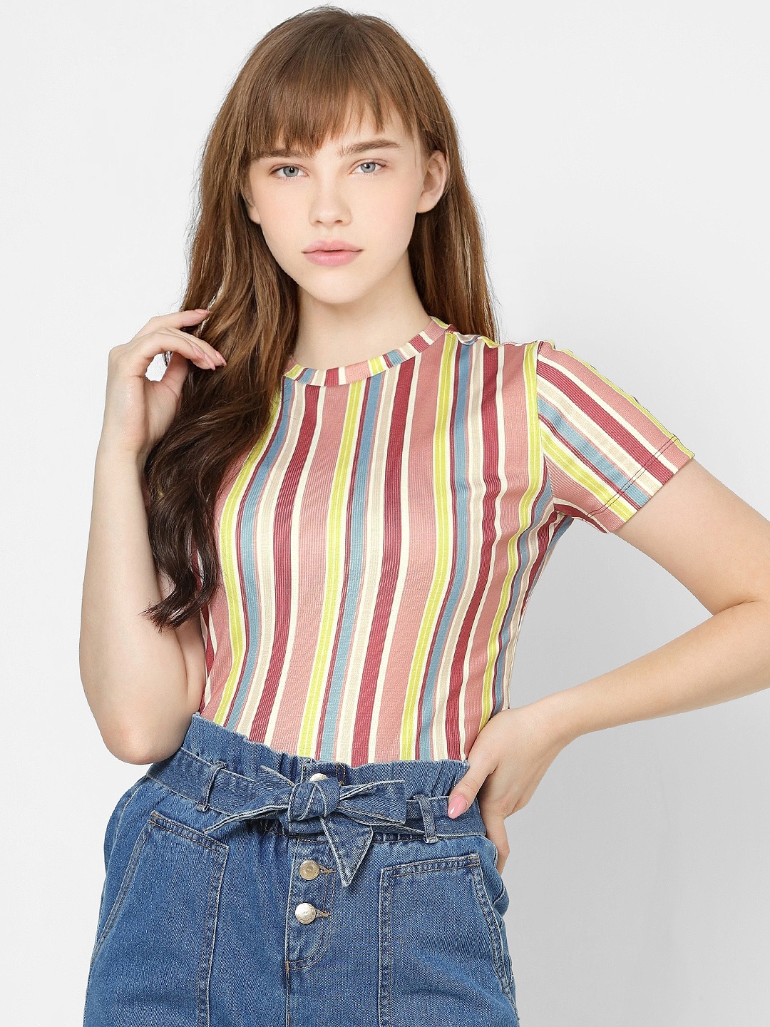 

ONLY Women Multicoloured Striped Round Neck T-shirt, Multi
