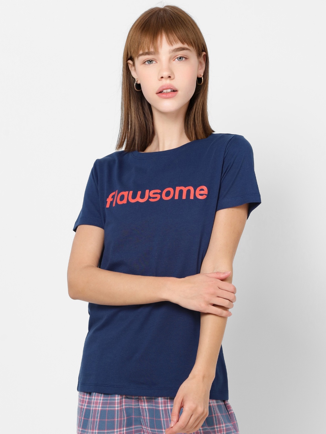 

ONLY Women Navy Blue Printed Round Neck Pure Cotton T-shirt
