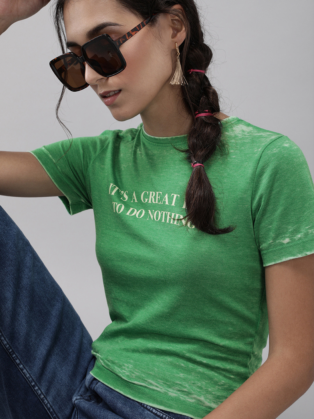 

ONLY Women Green Printed Round Neck T-shirt
