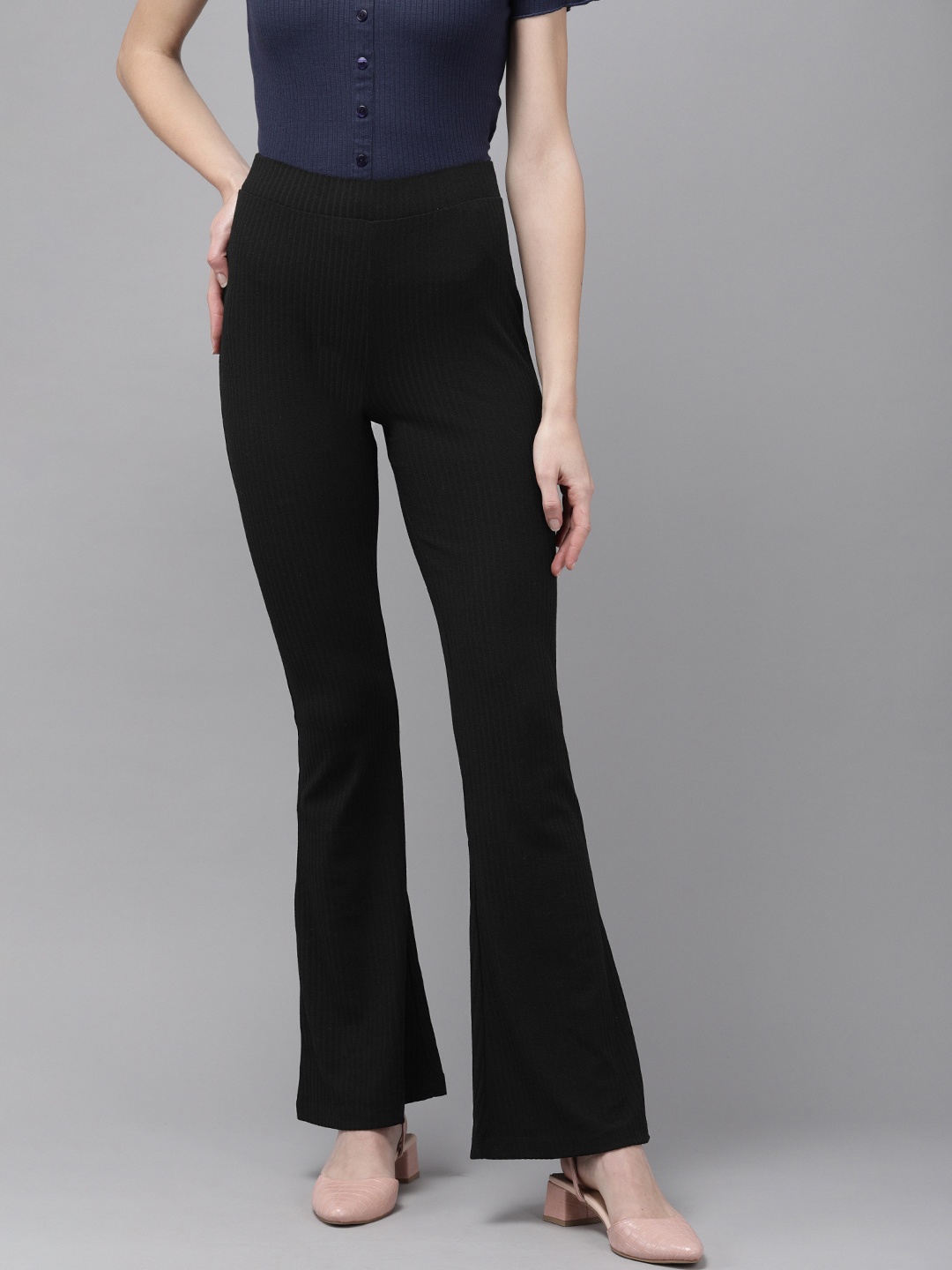 

ONLY Women Black Textured Flared High-Rise Trousers