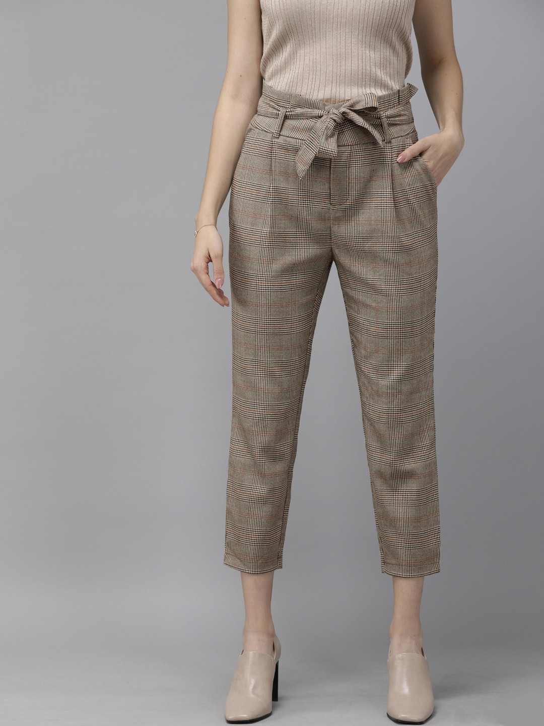 

ONLY Women Orange Skinny Fit Checked Regular Trousers