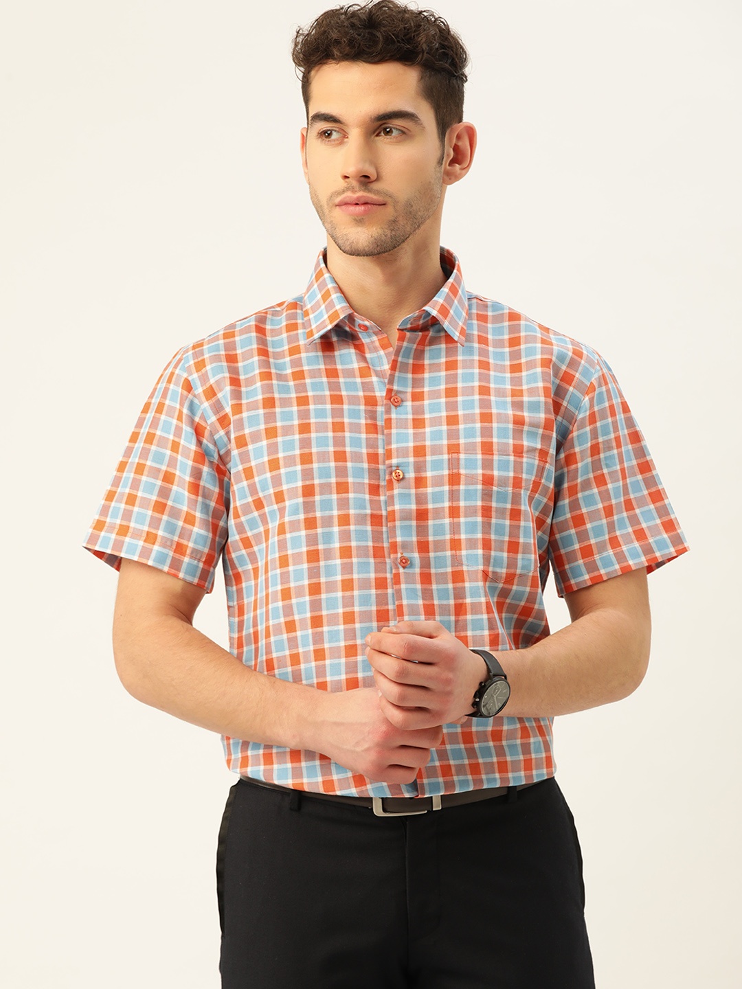 

Hancock Men Orange & Blue Slim Fit Checked Formal Shirt