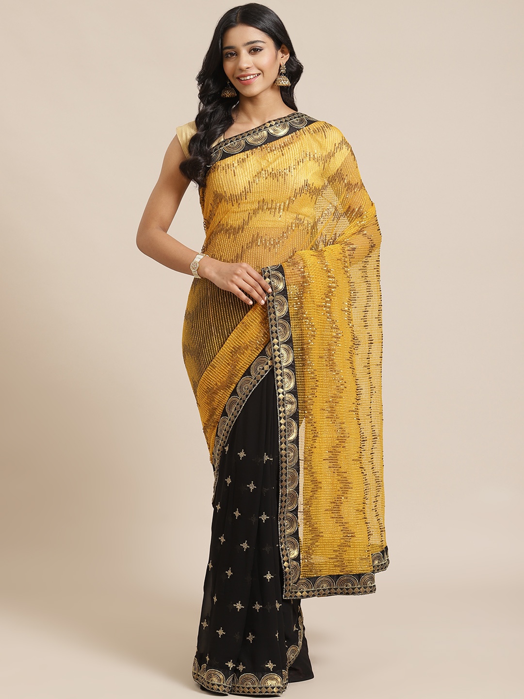 

RedRound Mustard & Black Half-&-Half Embellished Saree
