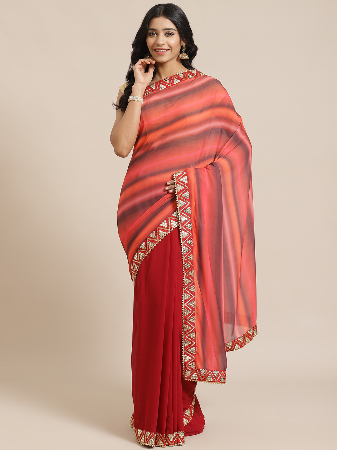 

RedRound Red & Maroon Striped Saree