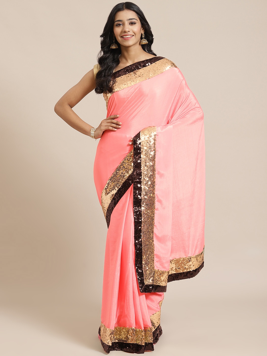 

RedRound Coral Pink Solid Saree