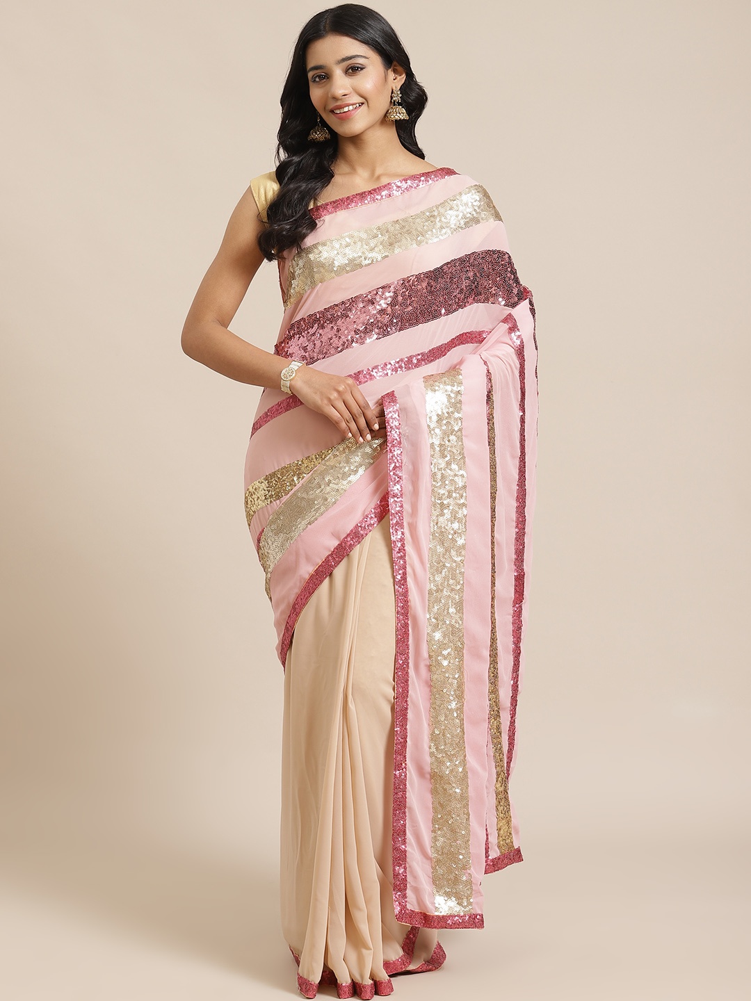 

RedRound Pink & Beige Sequinned Striped Saree