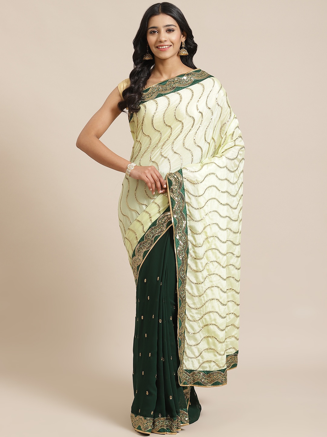 

RedRound Green & Golden Half-&-Half Embellished Saree