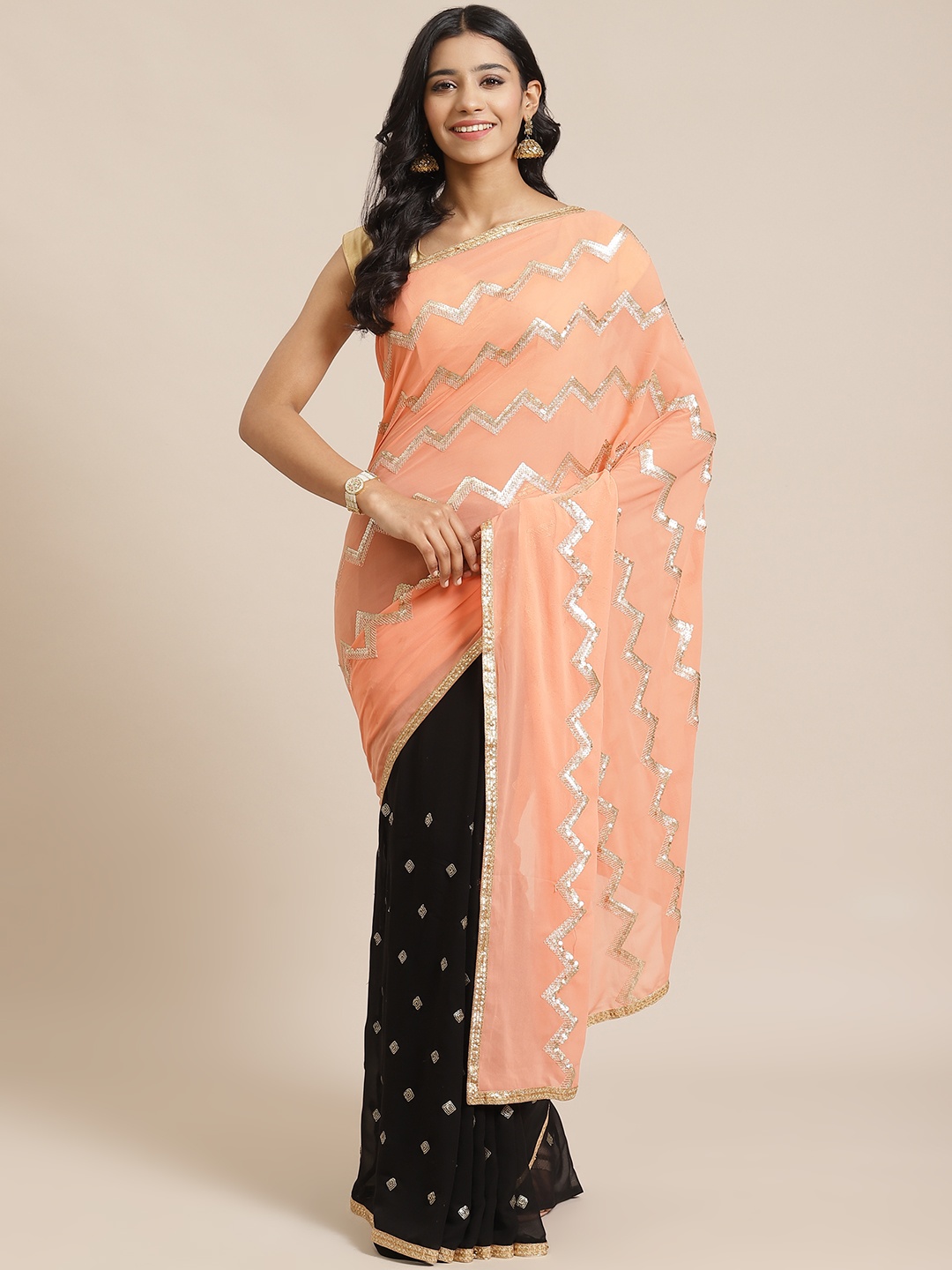 

RedRound Peach-Coloured & Black Half-&-Half Embellished Saree