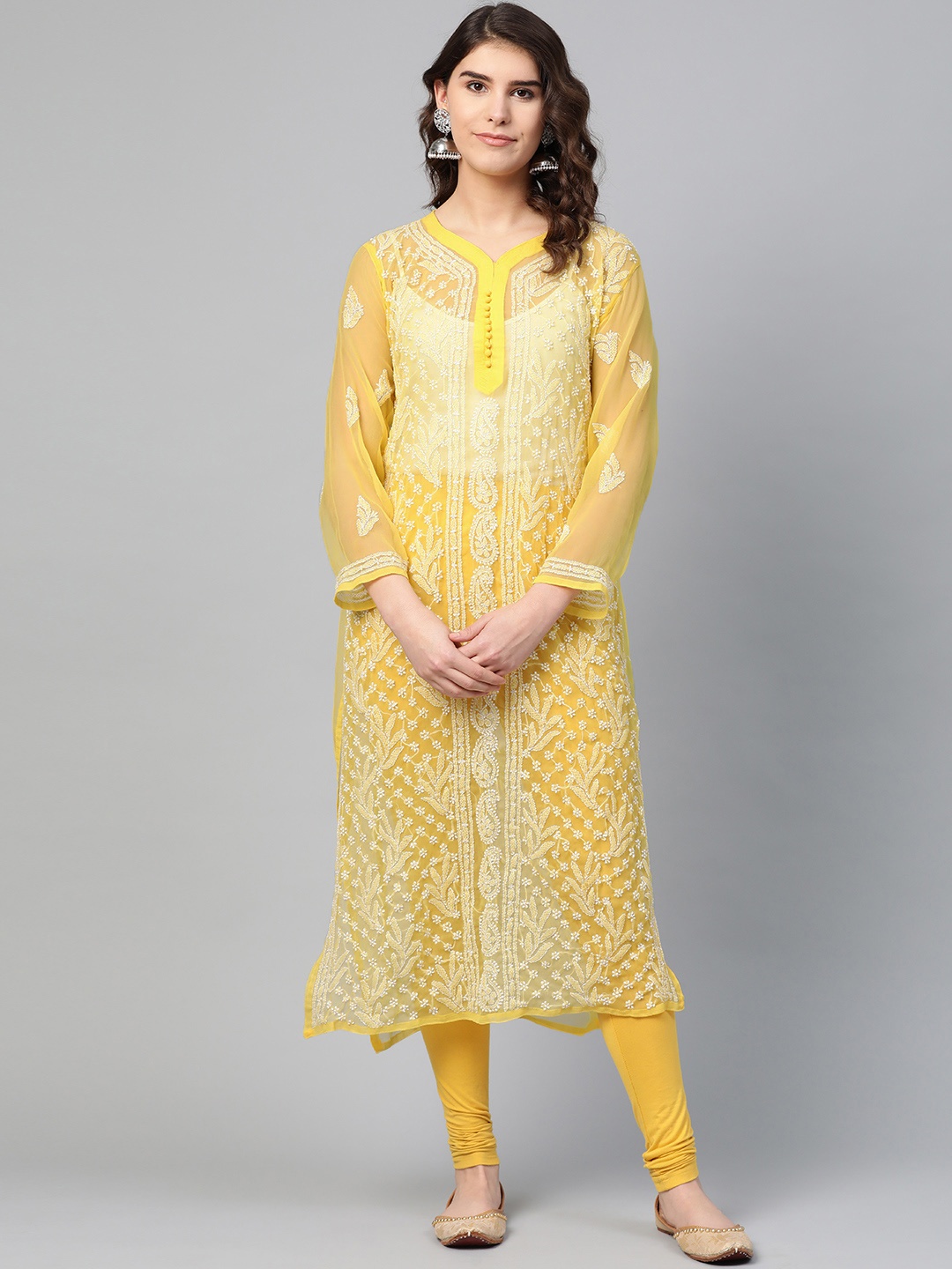 

Saadgi Women Yellow & White Chikankari Embroidered Handloom Straight Kurta