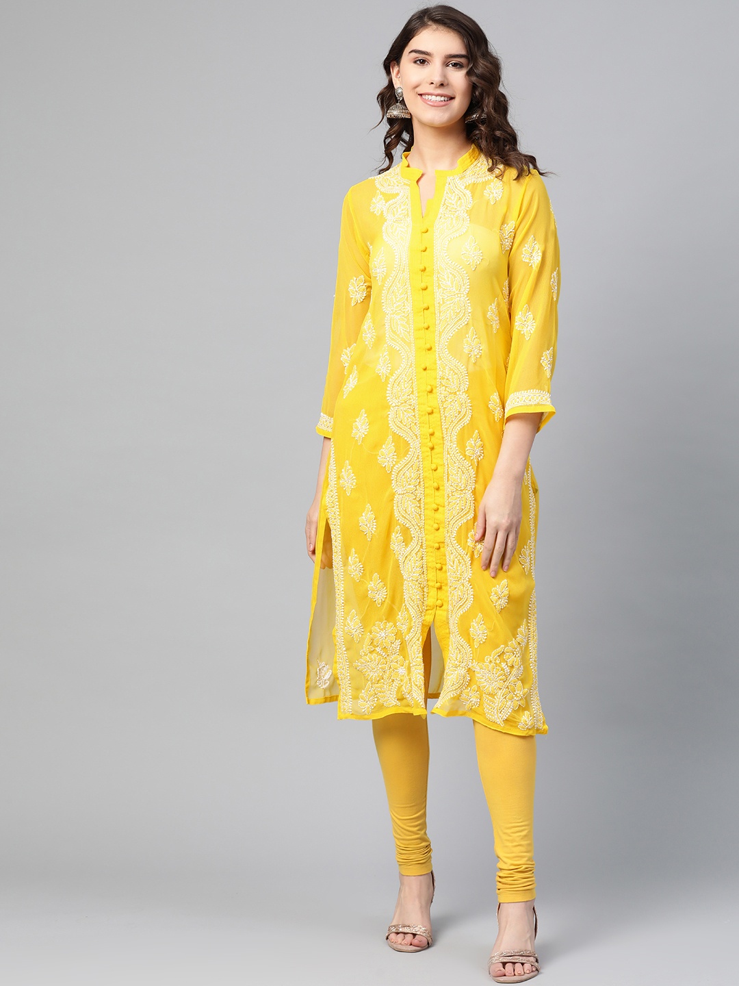 

Saadgi Women Yellow & White Sheer Chikankari Embroidered Handloom Straight Kurta
