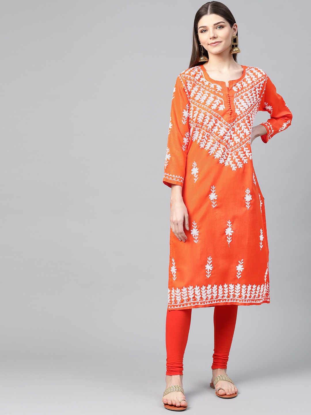

Saadgi Women Orange & White Aari Chikankari Embroidered Handloom Straight Kurta