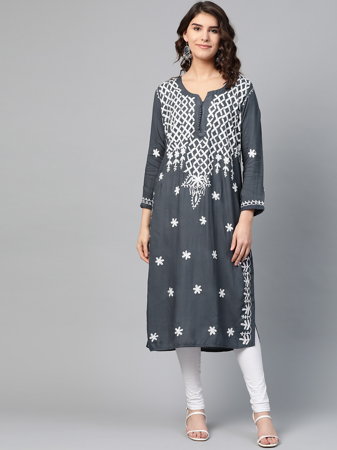 

Saadgi Women Charcoal Grey & White Aari Chikankari Embroidered Handloom Straight Kurta