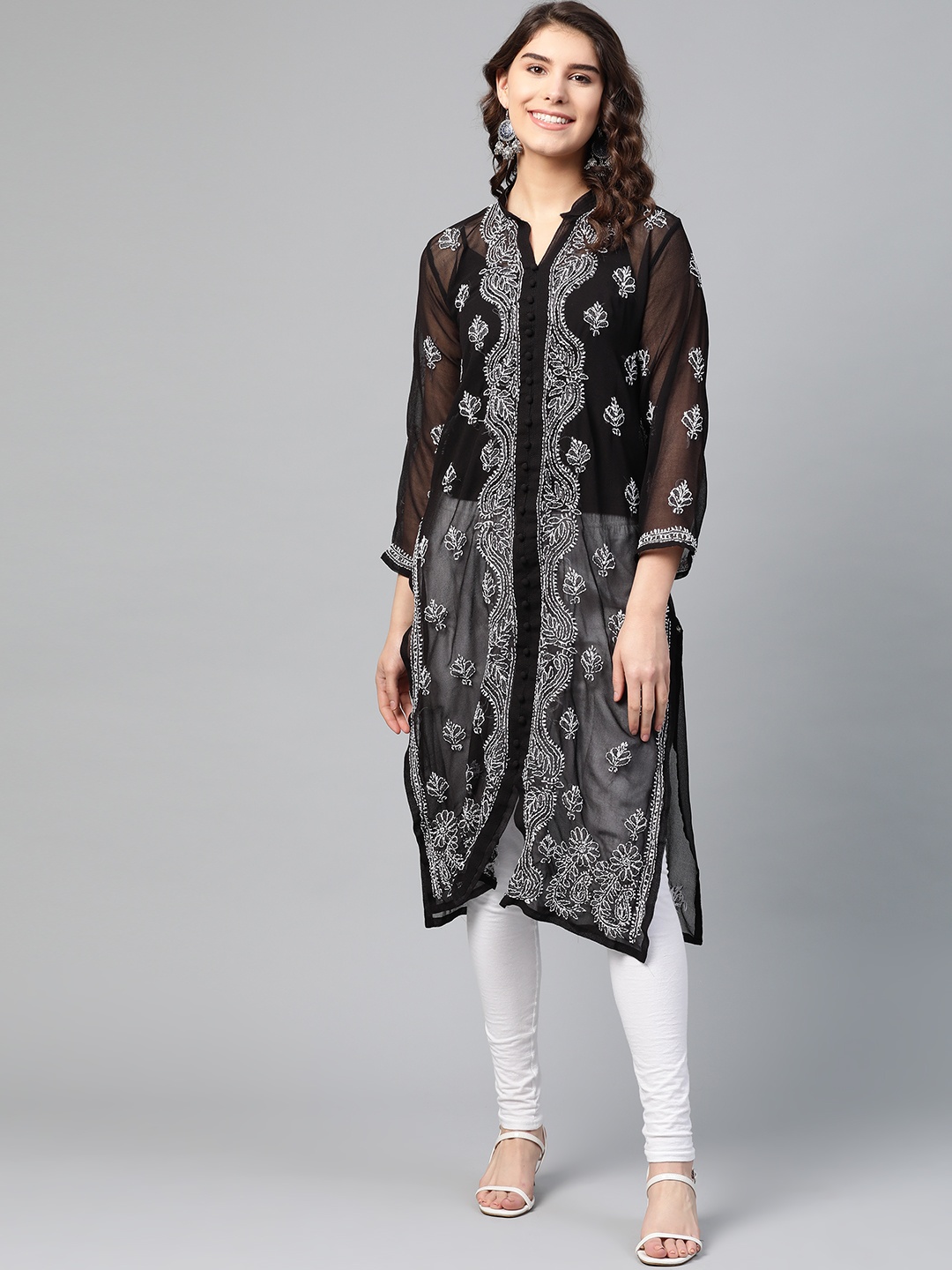 

Saadgi Women Black & White Sheer Chikankari Embroidered Handloom A-Line Kurta