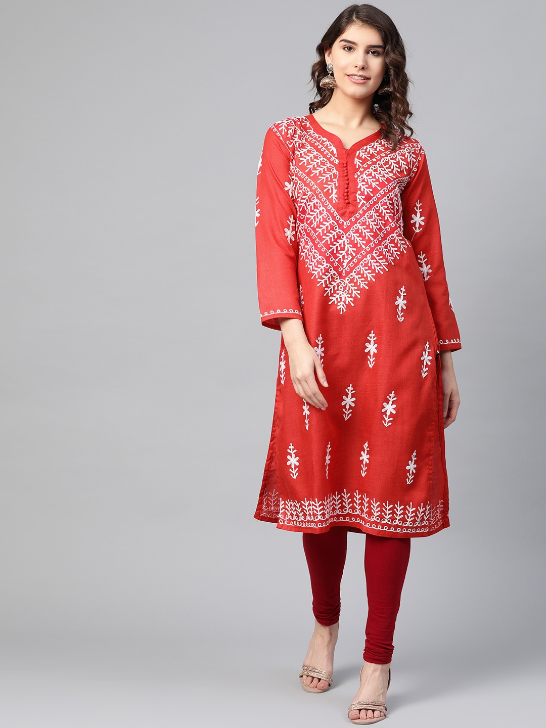 

Saadgi Women Red & White Handloom Aari Chikankari Embroidered Straight Kurta