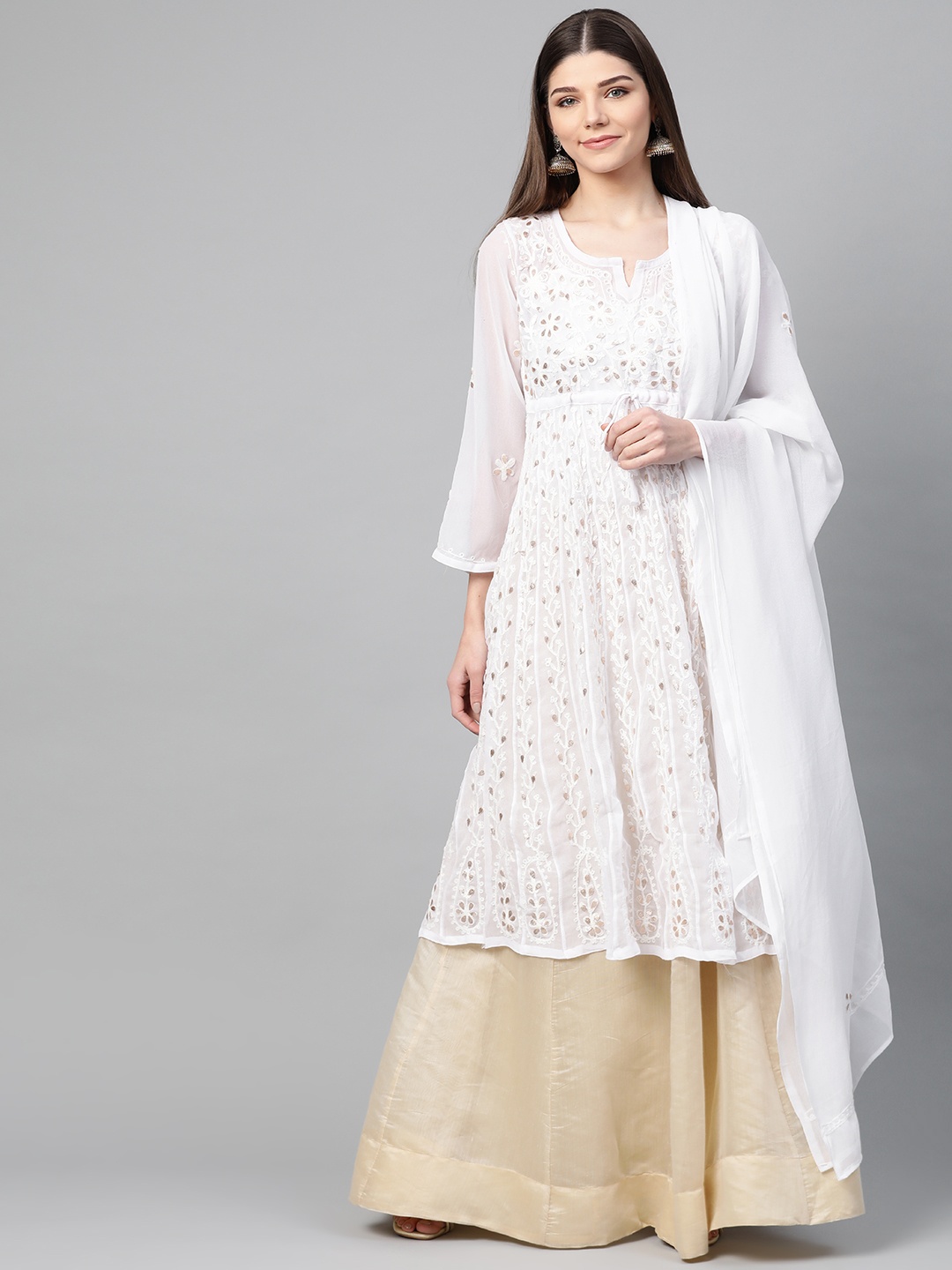 

Saadgi Women White & Golden Handloom Aari Embroidered Anarkali Kurta With Dupatta