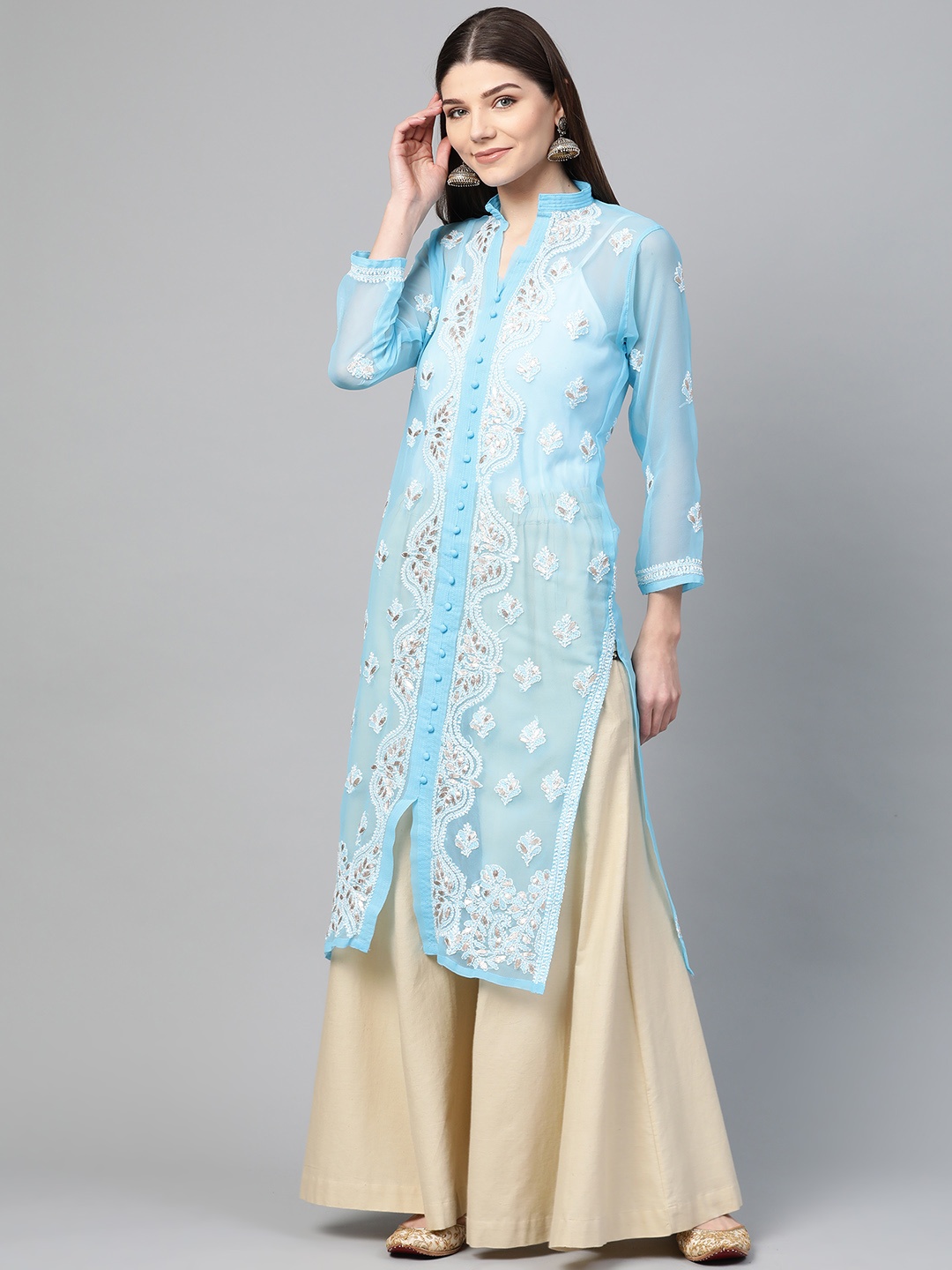 

Saadgi Women Blue & White Georgette Handloom Chikankari Embroidered Straight Kurta