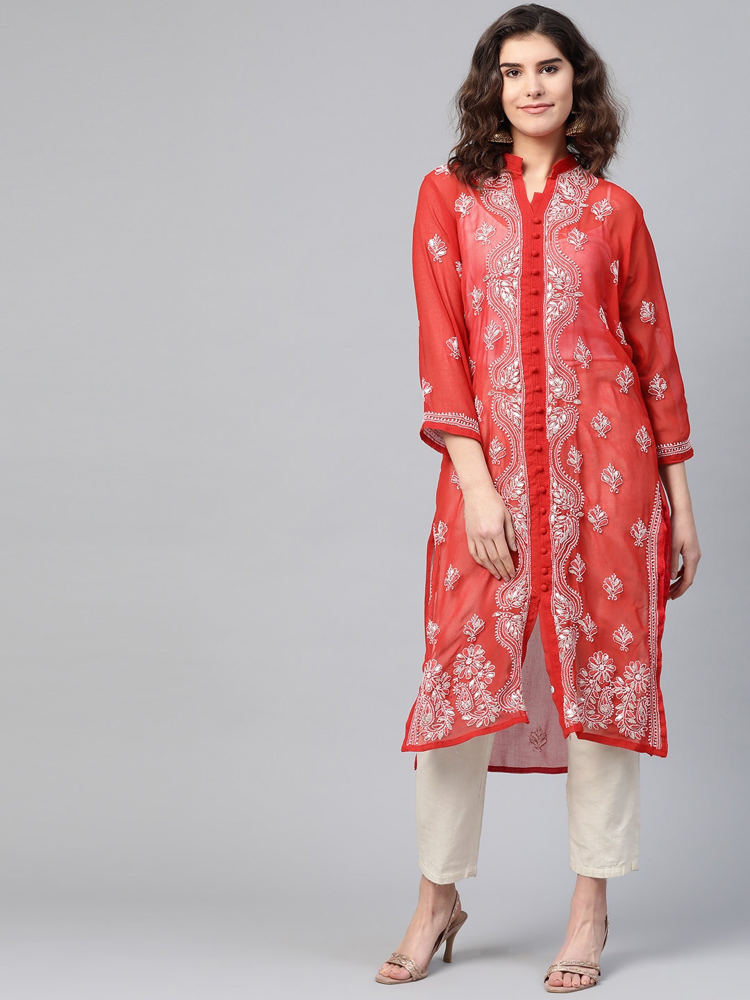 

Saadgi Women Red & White Chikankari Embroidered Handloom Straight Kurta