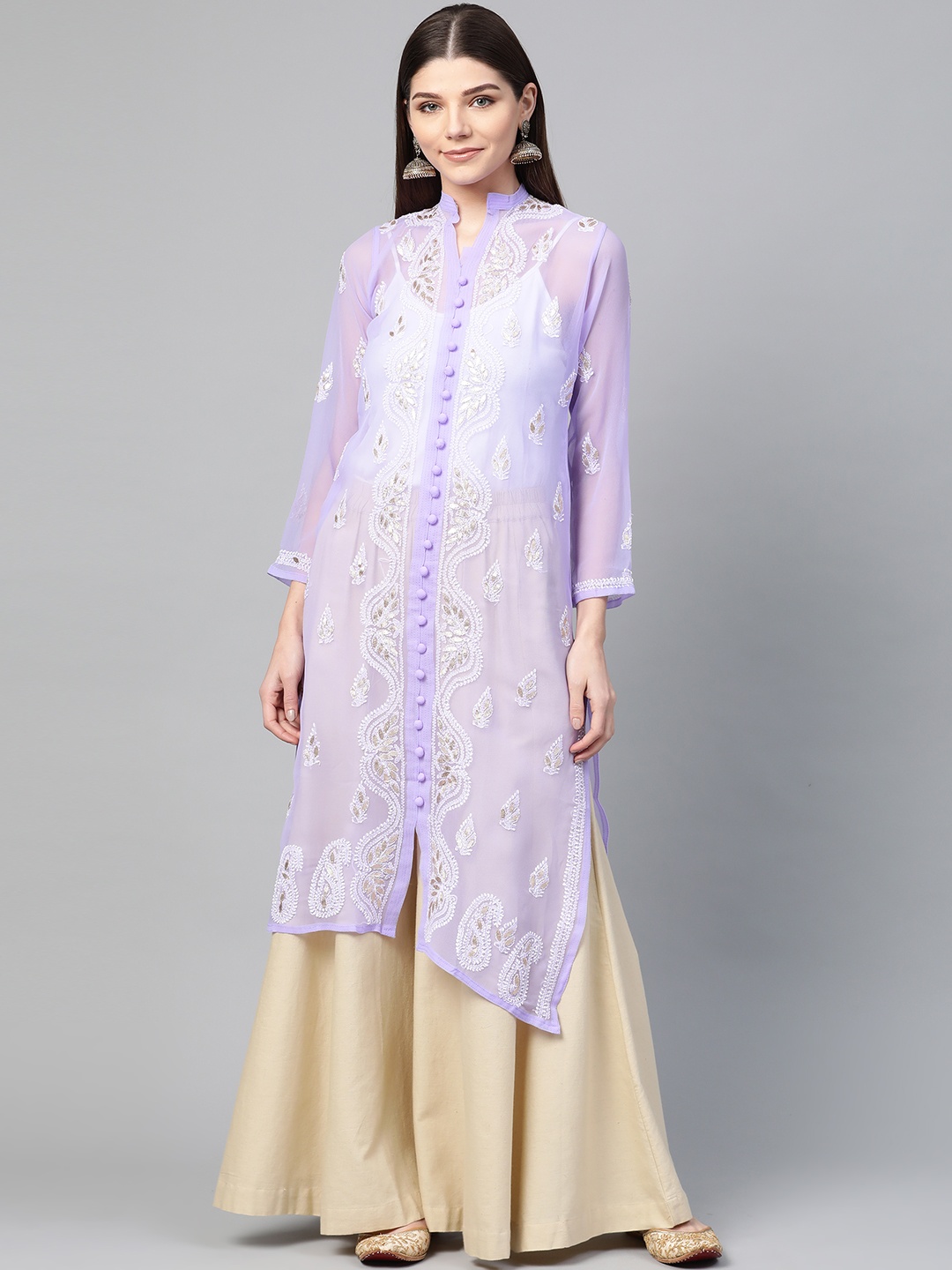 

Saadgi Women Lavender & White Georgette Handloom Chikankari Embroidered Straight Kurta