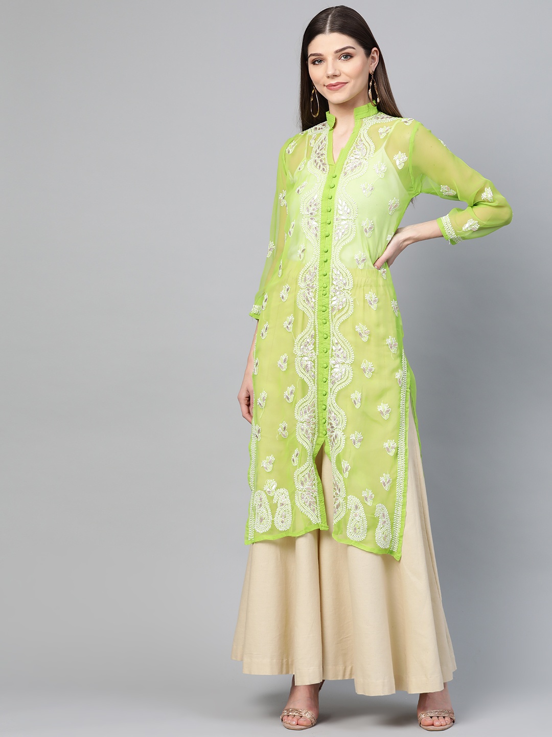 

Saadgi Women Lime Green & White Handloom Chikankari Embroidered Straight Kurta