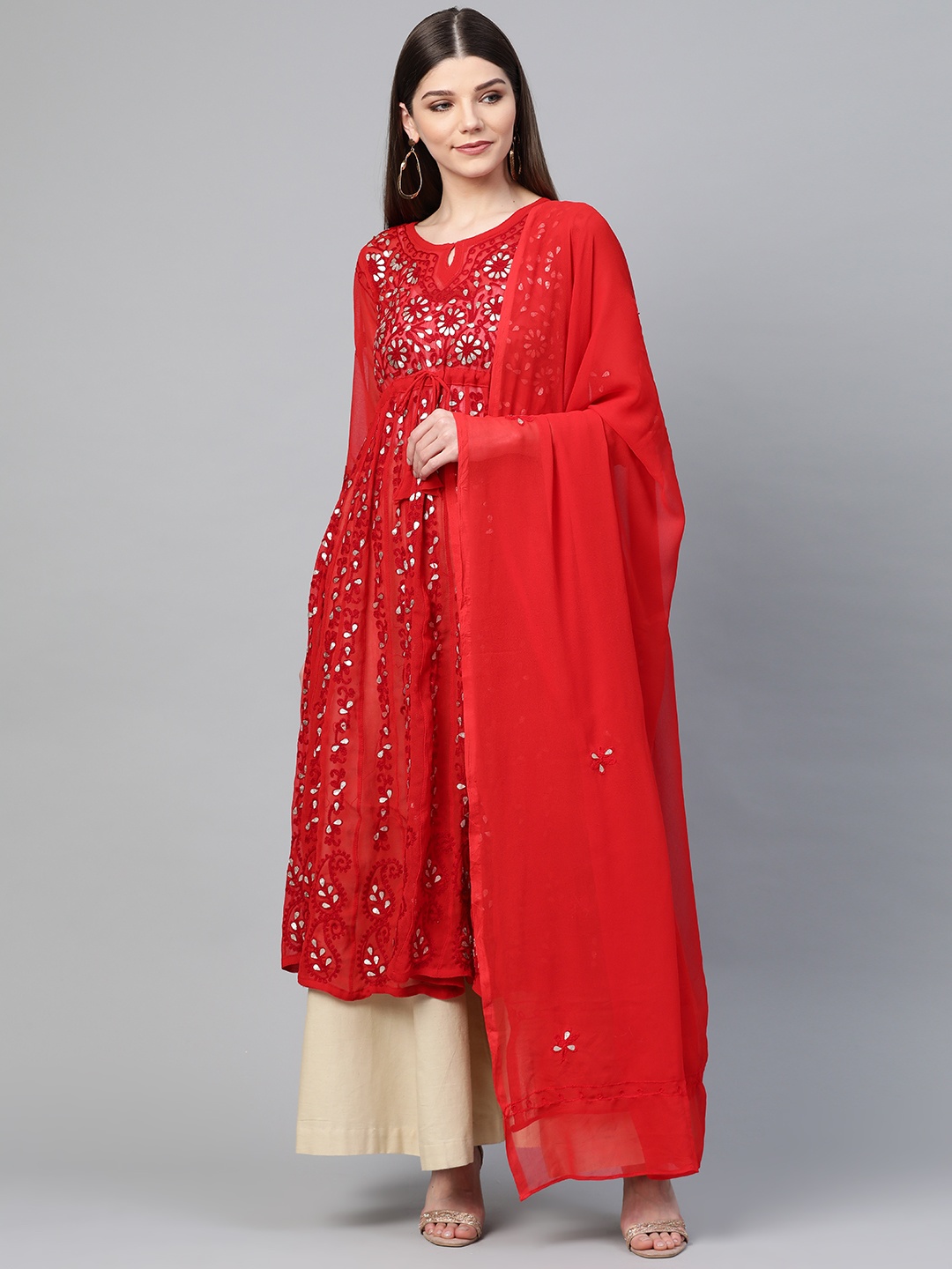 

Saadgi Women Red & Golden Handloom Aari Embroidered Anarkali Kurta With Dupatta