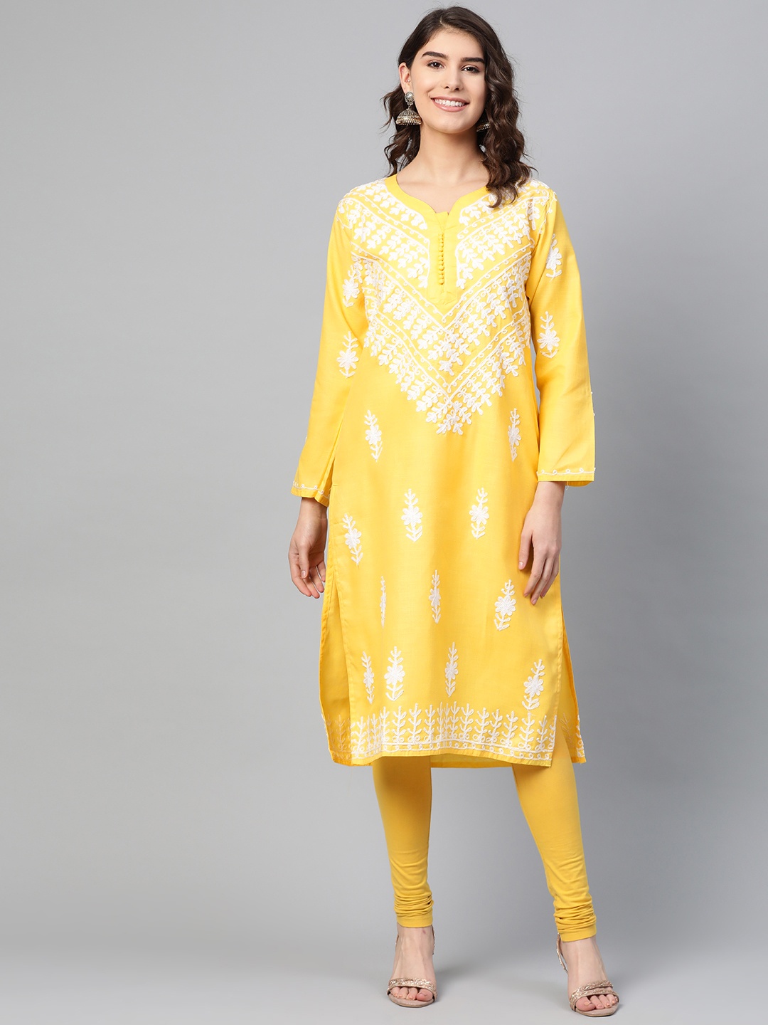 

Saadgi Women Yellow & White Handloom Aari Chikankari Embroidered Straight Kurta