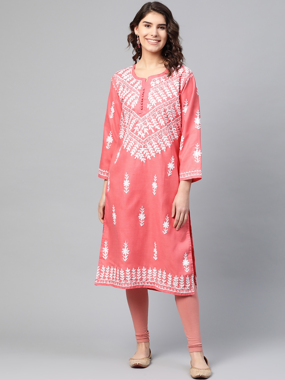 

Saadgi Women Peach-Coloured & White Aari Chikankari Embroidered A-Line Kurta