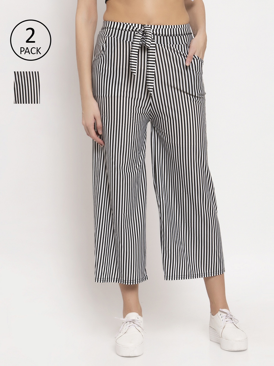 

KLOTTHE Women Pack of 2 Black & White Striped Wide- Leg Palazzos