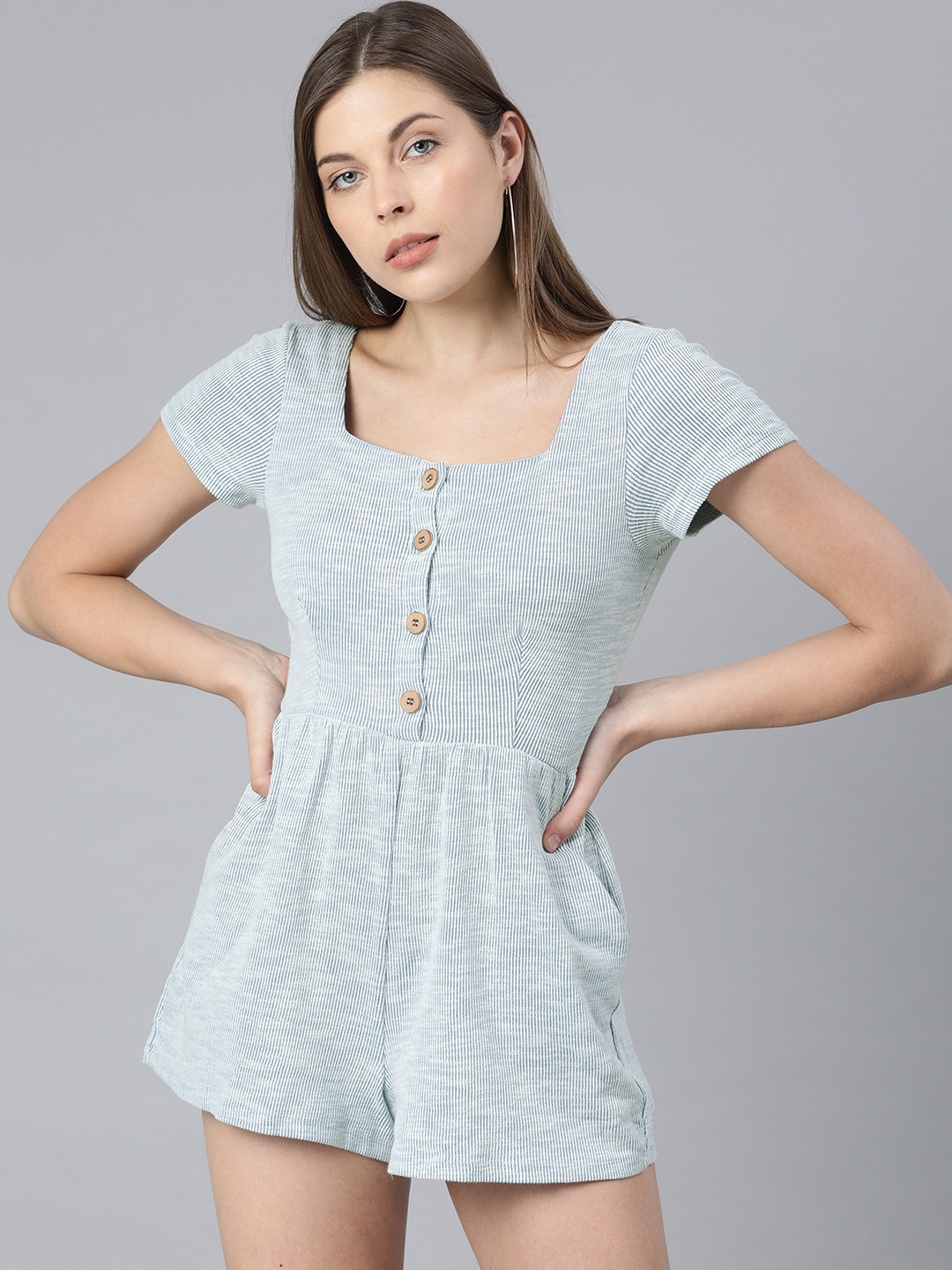 

ONLY Women Blue & White Striped Playsuit