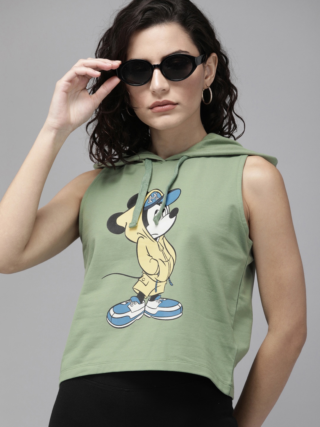 

ONLY Women Green Mickey Mouse Printed Hooded Sweatshirt