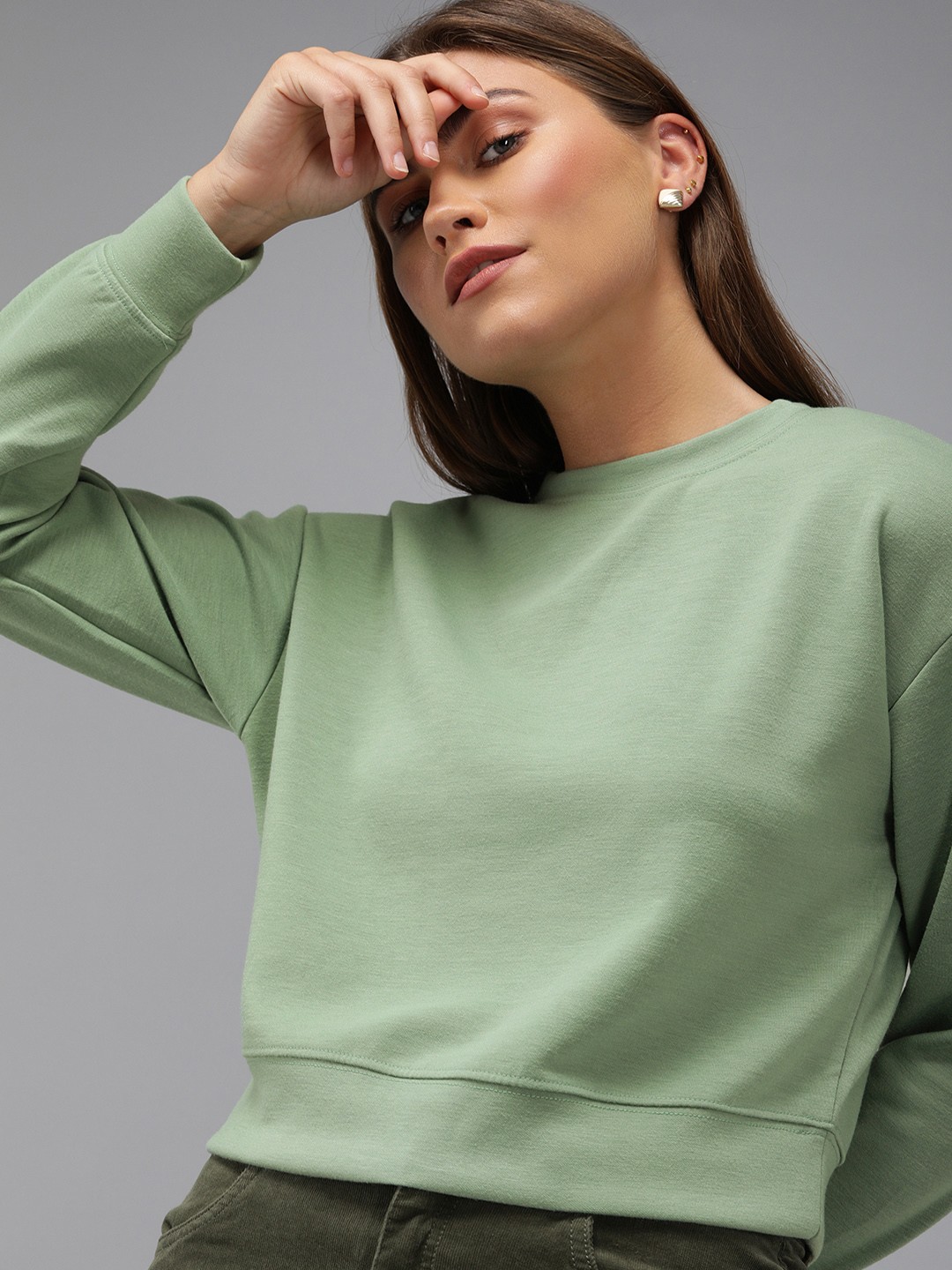 

ONLY Women Green Solid Sweatshirt